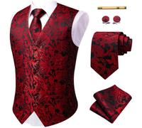 YourTies Black Red Christmas Waistcoat for Men Silk Jacquard Paisley Vest Necktie Pocket Square Cufflinks Party Wedding Formal