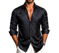 YourTies Black Silk Shirt for Men Floral Button Down Dress Shirt Paisley Long Sleeve Luxury Western Hoilday Casual Tops Party