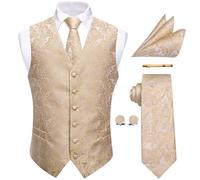YourTies Champagne Waistcoat for Men Silk Jacquard Paisley Vest Necktie Pocket Square Cufflinks Party Wedding Formal