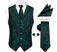 YourTies Emerald Green Waistcoat for Men Silk Jacquard Paisley Vest Necktie Pocket Square Cufflinks Set Party Wedding Formal