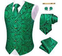 YourTies Green Waistcoat for Men Silk Jacquard Paisley Vest Necktie Pocket Square Cufflinks Party Wedding Formal