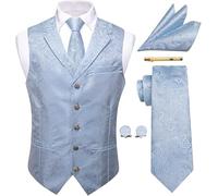 YourTies Light Blue Waistcoat for Men Silk Jacquard Paisley Vest Necktie Pocket Square Cufflinks Set Party Wedding Formal