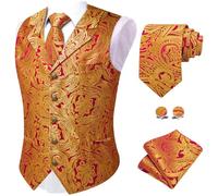 YourTies Mens Suit Vest 4PC Silk Paisley Vest with Necktie Pocket Square Cufflinks Formal Woven Waistcoat for Suit Tuxedo, A-red Gold Floral, Large