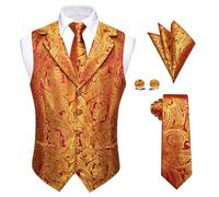 YourTies Mens Suit Vest 4PC Silk Paisley Vest with Necktie Pocket Square Cufflinks Formal Woven Waistcoat for Suit Tuxedo, A-red Gold Floral, XX-L