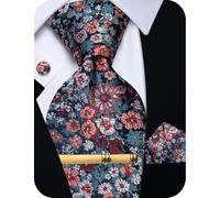 YourTies Mens Tie Set Blue Red White Floral Woven Necktie Pocket Square Cufflinks Clip for Wedding Party Business Prom