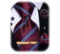 YourTies Mens Tie Set Silk Woven Necktie with Lapel Pin Pocket Square Cufflinks Set for Business Wedding Party, Maroon Blue Striped, One Size