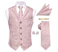 YourTies Mens Victorian Vest Tie Set Silk Paisley Suit Vests Formal Waistcoat Gothic Steampunk Vest with Notched Lapels, Pink, XL