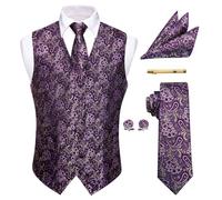 YourTies Mens Victorian Vest Tie Set Silk Paisley Suit Vests Formal Waistcoat Gothic Steampunk Vest with Notched Lapels, Purple Paisley, XXXL