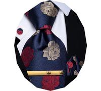 YourTies Navy Blue Ties for Men Floral Silk Necktie Pocket Square Cufflinks Tie Clip Set Wedding Party Business Formal
