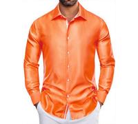 YourTies Orange Dress Shirt for Men Silk Solid Color Button Down Shirts Long Sleeve Luxury Western Hoilday Casual Tops Party