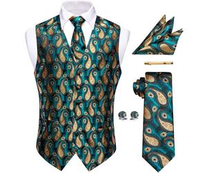 YourTies Peacock Blue Waistcoat for Men Silk Jacquard Floral Vest Necktie Pocket Square Cufflinks Set Party Wedding Formal
