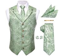 YourTies Sage Green Waistcoat for Men Silk Jacquard Paisley Vest Necktie Pocket Square Cufflinks Party Wedding Formal