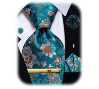 YourTies Silk Paisley Floral Tie and Pocket Square Cufflinks with Lapel Pin Sets for Men 5PC Wedding Party, Teal, One Size