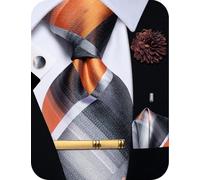 YourTies Silk Paisley Floral Tie and Pocket Square Cufflinks with Lapel Pin Sets for Men 5PC Wedding Party, Orange Grey Plaid, Medium