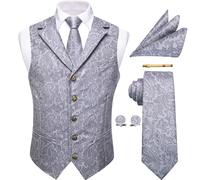 YourTies Silver Grey Waistcoat for Men Silk Jacquard Paisley Vest Necktie Pocket Square Cufflinks Set Party Wedding Formal