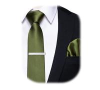 YourTies Skinny Ties for Men Satin 2.4" Slim Necktie with Pocket Square Tie Clip Set Solid Color Wedding Party Business, Olive Green-1, One Size
