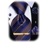 YourTies Tie for Men Silk Plaid Checkered Necktie Pocket Square Cufflinks Lapel Pin Tie Clip Set Business Wedding Party, Navy Gold Striped, One Size
