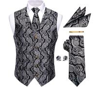 YourTies Waistcoat for Men Silk Jacquard Floral Paisley Suit Vest Set 5PC | V-Neck/Shawl Collar Vest,Tie Pocket Square Cufflinks Tie Clip Set,Formal Casual Business Weddings Party Prom,Suit Tuxedo