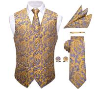 YourTies Waistcoat for Men Silk Jacquard Floral Paisley Suit Vest Set 5PC | V-Neck/Shawl Collar Vest,Tie Pocket Square Cufflinks Tie Clip Set,Formal Casual Business Weddings Party Prom,Suit Tuxedo