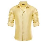 YourTies Yellow Dress Shirt for Men Silk Solid Color Button Down Shirts Long Sleeve Luxury Western Hoilday Casual Tops Party