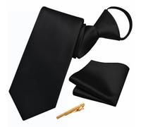 YourTies Zipper Ties for Men Adjustable Pretied Necktie Pocket Square Clip | Solid Color Satin Pre-Tied Tie Set,Pocket Square Tie Clip Gift Box,Formal Casual Business Wedding Party,Suit Shirt Tuxedo