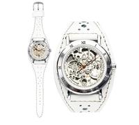 YOURTIME Skeleton Mechanical Watch Gladiator for Men and Women - Automatic Transparent Silver Dial, Wide Handmade Genuine Leather Strap, Vintage Steampunk Style, Snow 073