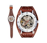 YOURTIME Skeleton Mechanical Watch Gladiator for Men and Women - Automatic Transparent Silver Dial, Wide Handmade Genuine Leather Strap, Vintage Steampunk Style, Winter 0540