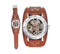 YOURTIME Skeleton Mechanical Watch Snow for Women - Automatic Transparent Silver Dial, Wide Handmade Genuine Leather Strap, Vintage Steampunk Style, Gladiator 0310