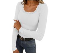 Yourumao Ladies Tops Long Sleeve Base Layer Shirts Fashion Blouse Ribbed Lace Patchwork Basic Tops Fitted T Shirts for Women White S