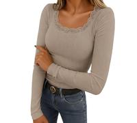 Yourumao Ladies Tops Long Sleeve Base Layer Shirts Fashion Blouse Ribbed Lace Patchwork Basic Tops Fitted T Shirts for Women Khaki S