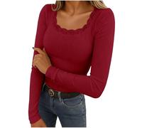 Yourumao Ladies Tops Long Sleeve Base Layer Shirts Fashion Blouse Ribbed Lace Patchwork Basic Tops Fitted T Shirts for Women Wine S