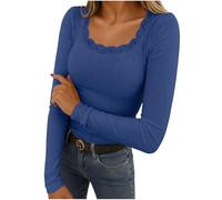 Yourumao Ladies Tops Long Sleeve Base Layer Shirts Fashion Blouse Ribbed Lace Patchwork Basic Tops Fitted T Shirts for Women Blue L