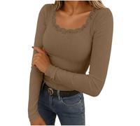 Yourumao Ladies Tops Long Sleeve Base Layer Shirts Fashion Blouse Ribbed Lace Patchwork Basic Tops Fitted T Shirts for Women Coffee L