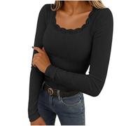 Yourumao Ladies Tops Long Sleeve Base Layer Shirts Fashion Blouse Ribbed Lace Patchwork Basic Tops Fitted T Shirts for Women Black S