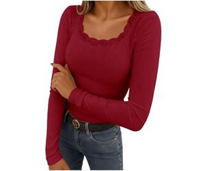 Yourumao Ladies Tops Long Sleeve Base Layer Shirts Fashion Blouse Ribbed Lace Patchwork Basic Tops Fitted T Shirts for Women Wine S