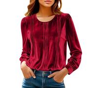Yourumao Ladies Tops Long Sleeve Pleated Blouse Red Velvet Tops for Women Elegant Pullover Party Shirt M