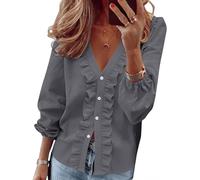 Yourumao Shirts for Women Spring Long Sleeve Tops Button V Neck Blouses Fashion Ruffle T Shirts Elegant Casual Ladies Tops Gray XXL
