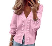 Yourumao Shirts for Women Spring Long Sleeve Tops Button V Neck Blouses Fashion Ruffle T Shirts Elegant Casual Ladies Tops Pink 3XL