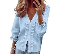 Yourumao Shirts for Women Spring Long Sleeve Tops Button V Neck Blouses Fashion Ruffle T Shirts Elegant Casual Ladies Tops Light Blue XXL