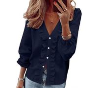 Yourumao Shirts for Women Spring Long Sleeve Tops Button V Neck Blouses Fashion Ruffle T Shirts Elegant Casual Ladies Tops Navy L