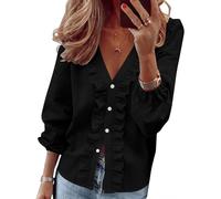 Yourumao Shirts for Women Spring Long Sleeve Tops Button V Neck Blouses Fashion Ruffle T Shirts Elegant Casual Ladies Tops Black L