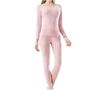 Yourumao Thermals Womens Base Layer Long Johns Striped Thermal Tops Lightweight Underwear Long Sleeve Top Pyjama Bottoms Set Pink M