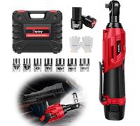 YouseaHome Electric Ratchet Wrench Set 3/8" Electric Ratchet Wrench, Red Battery Powered Ratchet Tool Kit with 2 x 1500mAh Batteries, Rechargeable Torque Wrench Driver Set w/7 Sockets, LED Work Light
