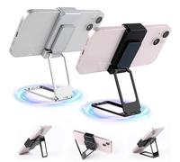 YOUSHEME New Upgraded Back Clip Type 360 Folding Bracket,Travel Cell Phone Stand,Fully Adjustable Foldable Desktop Phone Holder Cradle Dock Compatible with iPhone 15 14 13 Pro Max,All Phones (BK+SIL)