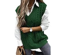 Yousify Women Cable Knit Oversize Sweater Vest V Neck Sleeveless Vintage Loose Sweaters Tops, Green, XXL