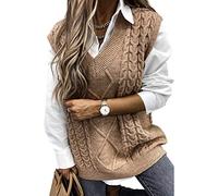 Yousify Women Cable Knit Oversize Sweater Vest V Neck Sleeveless Vintage Loose Sweaters Tops, Khaki, L