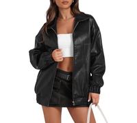 Yousify Womens Leather Jacket Oversized Faux Casual Zip Up Bomber Motorcycle Jackect Trendy Fall Winter Clothes S-XXL, Black, XX-Large