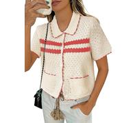 Yousify Womens Striped Short Sleeve Sweater Casual Knitted Button Down Crochet Cardigan Vintage Y2k Hollow-Out Tops