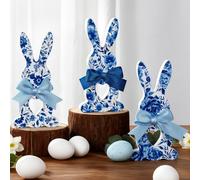 Yousoontic 3 Pcs Blue Easter Bunny Decor Rustic Bunny Table Centerpiece Signs with Bow Wooden Rustic Rabbits Bow Decor Chinoiserie Blue Floral Rabbit Tiered Tray for Easter Party Desk Office Home