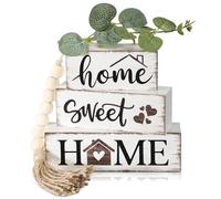 Yousoontic 5 Pcs Farmhouse Wooden Table Decor Rustic Tiered Tray Decor Neutral Block Sign Centerpiece with Bead Garland Faux Eucalyptus Leaves for Home Sweet Kitchen Entryway Living Room Shelves